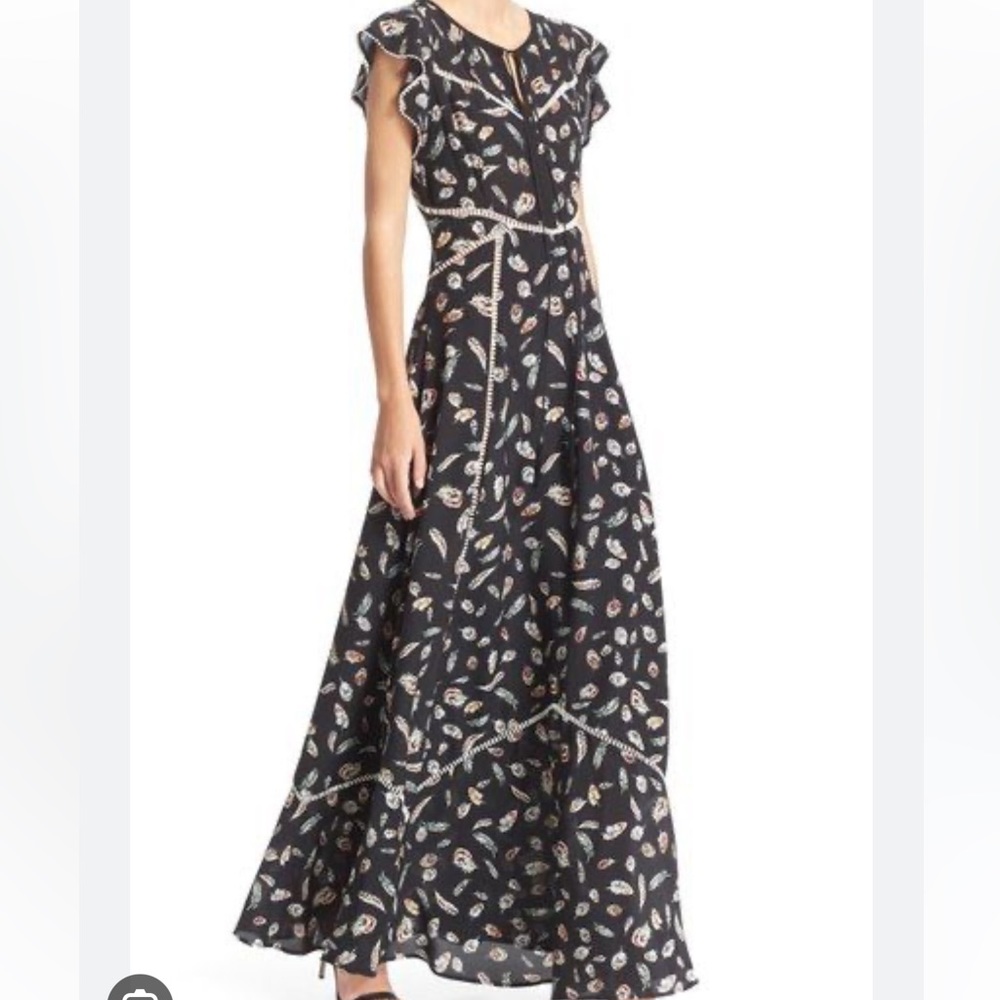 The Kooples Feather Print Flutter Sleeve  Maxi Dress